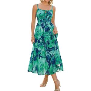 GRACE KARIN 2026 Women’s Summer Maxi Floral Dress, Spaghetti Strap Tie Front Boho Sundress with Pockets(Blue Green Floral)