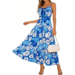 GRACE KARIN 2026 Women’s Summer Maxi Floral Dress, Spaghetti Strap Tie Front Boho Sundress with Pockets(Blue White)