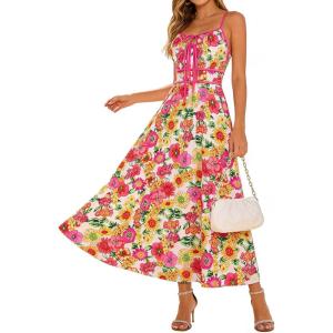 GRACE KARIN 2026 Women’s Summer Maxi Floral Dress, Spaghetti Strap Tie Front Boho Sundress with Pockets(Pink Yellow)