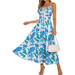 GRACE KARIN 2026 Women’s Summer Maxi Floral Dress, Spaghetti Strap Tie Front Boho Sundress with Pockets(Purple Green)