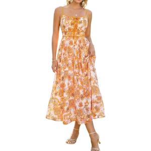 GRACE KARIN 2026 Women’s Summer Maxi Floral Dress, Spaghetti Strap Tie Front Boho Sundress with Pockets(White Orange Floral)