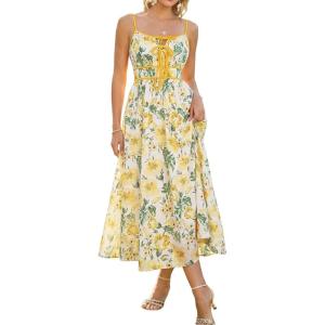 GRACE KARIN 2026 Women’s Summer Maxi Floral Dress, Spaghetti Strap Tie Front Boho Sundress with Pockets(White Yellow Floral)