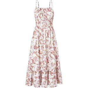 GRACE KARIN Summer Dresses for Women 2026 Vacation,Smocked Floral Maxi Dress,Boho Beach Sundress with Pocket Fashion Clothing(Beige Vine)