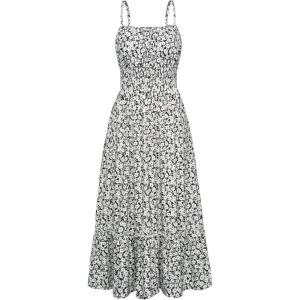 GRACE KARIN Summer Dresses for Women 2026 Vacation,Smocked Floral Maxi Dress,Boho Beach Sundress with Pocket Fashion Clothing(Black White Foral)