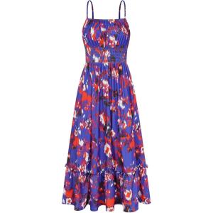 GRACE KARIN Summer Dresses for Women 2026 Vacation,Smocked Floral Maxi Dress,Boho Beach Sundress with Pocket Fashion Clothing(Blue Red)