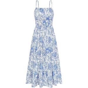 GRACE KARIN Summer Dresses for Women 2026 Vacation,Smocked Floral Maxi Dress,Boho Beach Sundress with Pocket Fashion Clothing(Blue White)