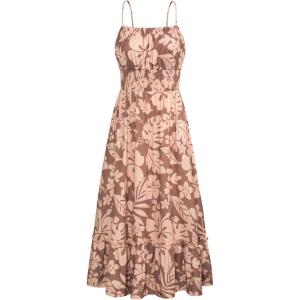 GRACE KARIN Summer Dresses for Women 2026 Vacation,Smocked Floral Maxi Dress,Boho Beach Sundress with Pocket Fashion Clothing(Coffee Floral)