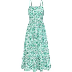 GRACE KARIN Summer Dresses for Women 2026 Vacation,Smocked Floral Maxi Dress,Boho Beach Sundress with Pocket Fashion Clothing(Green Vine)