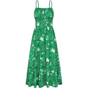 GRACE KARIN Summer Dresses for Women 2026 Vacation,Smocked Floral Maxi Dress,Boho Beach Sundress with Pocket Fashion Clothing(Green White)
