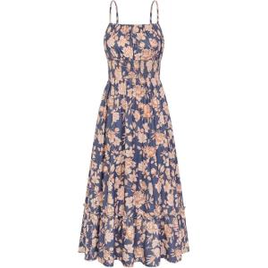 GRACE KARIN Summer Dresses for Women 2026 Vacation,Smocked Floral Maxi Dress,Boho Beach Sundress with Pocket Fashion Clothing(Navy Blue Floral)