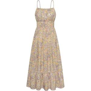 GRACE KARIN Summer Dresses for Women 2026 Vacation,Smocked Floral Maxi Dress,Boho Beach Sundress with Pocket Fashion Clothing(Purple Green Floral)