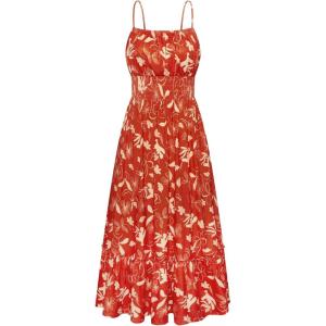 GRACE KARIN Summer Dresses for Women 2026 Vacation,Smocked Floral Maxi Dress,Boho Beach Sundress with Pocket Fashion Clothing(Red Yellow Floral)