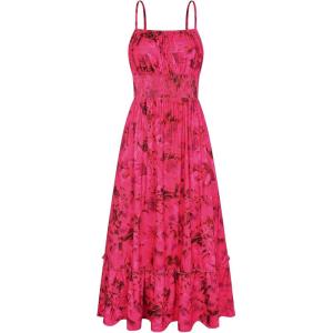 GRACE KARIN Summer Dresses for Women 2026 Vacation,Smocked Floral Maxi Dress,Boho Beach Sundress with Pocket Fashion Clothing(Rose Red)