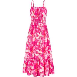 GRACE KARIN Summer Dresses for Women 2026 Vacation,Smocked Floral Maxi Dress,Boho Beach Sundress with Pocket Fashion Clothing(Rose Red Floral)