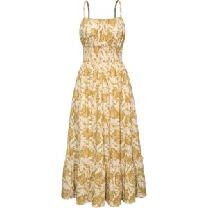 GRACE KARIN Summer Dresses for Women 2026 Vacation,Smocked Floral Maxi Dress,Boho Beach Sundress with Pocket Fashion Clothing(Yellow Leaves)