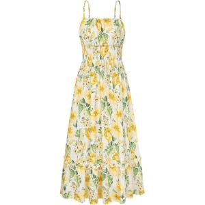 GRACE KARIN Summer Dresses for Women 2026 Vacation,Smocked Floral Maxi Dress,Boho Beach Sundress with Pocket Fashion Clothing(Yellow White)