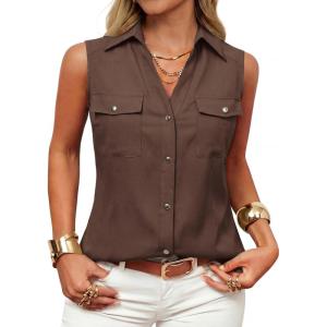 GRACE KARIN Women Sleeveless Button Down Shirts, Summer Solid Dressy Casual Blouse, V Neck Tank Top Business Work 2026 Trendy(Coffee)