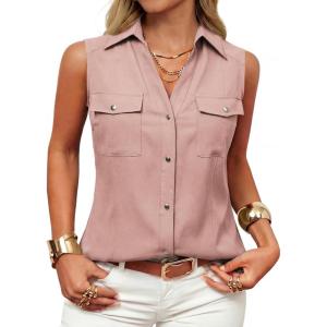 GRACE KARIN Women Sleeveless Button Down Shirts, Summer Solid Dressy Casual Blouse, V Neck Tank Top Business Work 2026 Trendy(Dusty Pink)