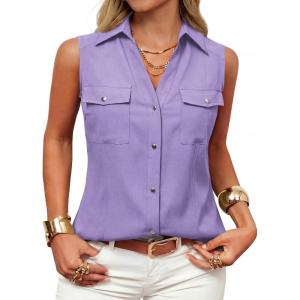 GRACE KARIN Women Sleeveless Button Down Shirts, Summer Solid Dressy Casual Blouse, V Neck Tank Top Business Work 2026 Trendy(Light Purple)