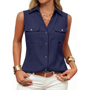 GRACE KARIN Women Sleeveless Button Down Shirts, Summer Solid Dressy Casual Blouse, V Neck Tank Top Business Work 2026 Trendy(Navy Blue)