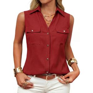 GRACE KARIN Women Sleeveless Button Down Shirts, Summer Solid Dressy Casual Blouse, V Neck Tank Top Business Work 2026 Trendy(Red)