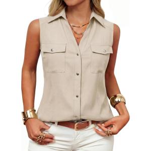GRACE KARIN Women Sleeveless Button Down Shirts, Summer Solid Dressy Casual Blouse, V Neck Tank Top Business Work 2026 Trendy(White)