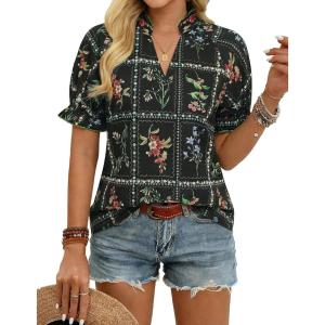 GRACE KARIN Womens Boho Tops Summer Spring Cotton Floral Blouses Short Sleeve Print Shirts V Neck Beach Vacation Clothes 2026(Black Plaid Floral)