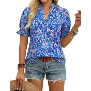 GRACE KARIN Womens Boho Tops Summer Spring Cotton Floral Blouses Short Sleeve Print Shirts V Neck Beach Vacation Clothes 2026(Blue Wave Floral)