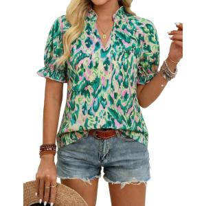 GRACE KARIN Womens Boho Tops Summer Spring Cotton Floral Blouses Short Sleeve Print Shirts V Neck Beach Vacation Clothes 2026(Green Wave Floral)