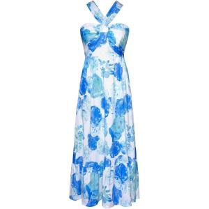 GRACE KARIN Womens Summer Floral Dresses 2026 Boho Maxi Dress Flowy Halter Sundress Casual Vacation Beach Clothes with Pocket(White Blue Flowers)