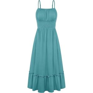 GRACE KARIN Women’s Summer Maxi Dress 2026,Smocked Ruched Bust Sundress with Adjustable Straps & Pockets-Beach Vacation Dress(Blue Green)
