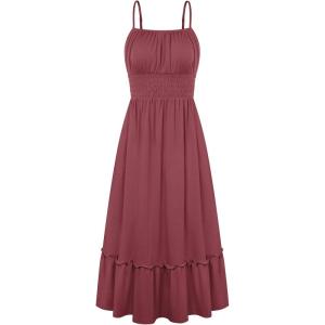 GRACE KARIN Women’s Summer Maxi Dress 2026,Smocked Ruched Bust Sundress with Adjustable Straps & Pockets-Beach Vacation Dress(Brick Red)