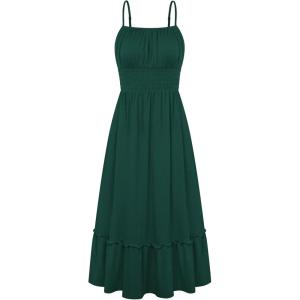 GRACE KARIN Women’s Summer Maxi Dress 2026,Smocked Ruched Bust Sundress with Adjustable Straps & Pockets-Beach Vacation Dress(Green)