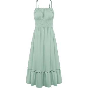 GRACE KARIN Women’s Summer Maxi Dress 2026,Smocked Ruched Bust Sundress with Adjustable Straps & Pockets-Beach Vacation Dress(Light Green)