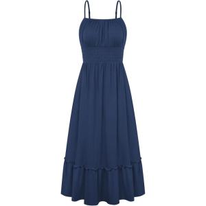 GRACE KARIN Women’s Summer Maxi Dress 2026,Smocked Ruched Bust Sundress with Adjustable Straps & Pockets-Beach Vacation Dress(Navy Blue)