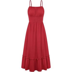 GRACE KARIN Women’s Summer Maxi Dress 2026,Smocked Ruched Bust Sundress with Adjustable Straps & Pockets-Beach Vacation Dress(Red)