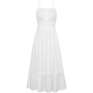 GRACE KARIN Women’s Summer Maxi Dress 2026,Smocked Ruched Bust Sundress with Adjustable Straps & Pockets-Beach Vacation Dress(White)