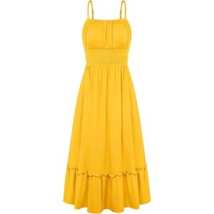 GRACE KARIN Women’s Summer Maxi Dress 2026,Smocked Ruched Bust Sundress with Adjustable Straps & Pockets-Beach Vacation Dress(Yellow)