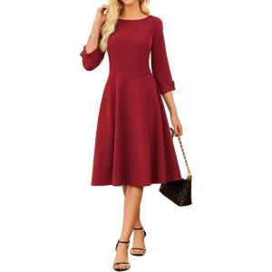 GRACE KARIN Work Dresses for Women 2026 3/4 Sleeve Fit and Flare Business Midi Dress Classy Office Dresses with Pockets(Red)