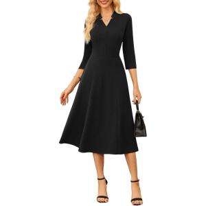 GRACE KARIN Work Dresses for Women 2026,Midi Business Dress,3/4 Sleeve Classy Fit and Flare Dress with Pocket(Black)