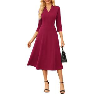 GRACE KARIN Work Dresses for Women 2026,Midi Business Dress,3/4 Sleeve Classy Fit and Flare Dress with Pocket(Dark Red)