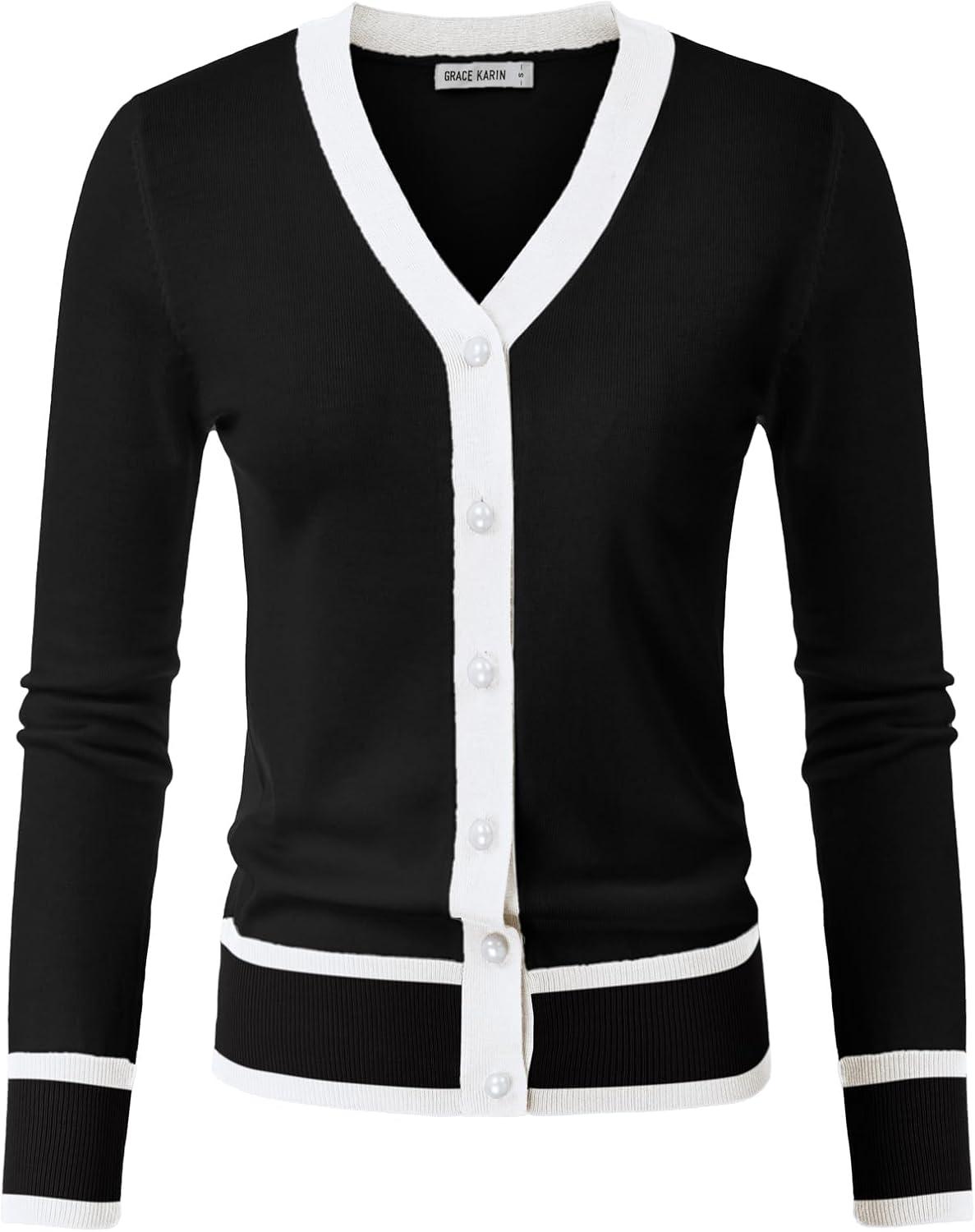 imageGRACE KARIN Cardigan Sweaters for Women Lightweight Long Sleeve Cropped Cardigan Spring Summer Fashion Clothing Outfits ShrugBlack White