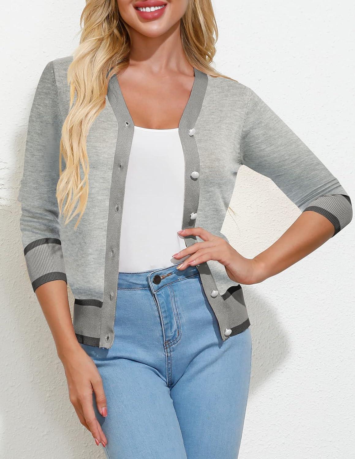 imageGRACE KARIN Cardigan Sweaters for Women Lightweight Long Sleeve Cropped Cardigan Spring Summer Fashion Clothing Outfits ShrugContrast Grey