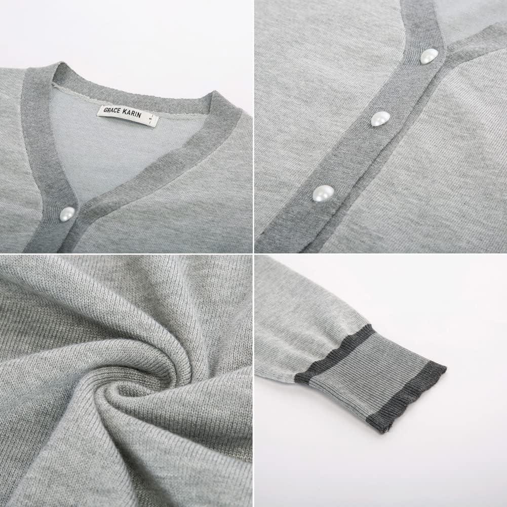 imageGRACE KARIN Cardigan Sweaters for Women Lightweight Long Sleeve Cropped Cardigan Spring Summer Fashion Clothing Outfits ShrugContrast Grey