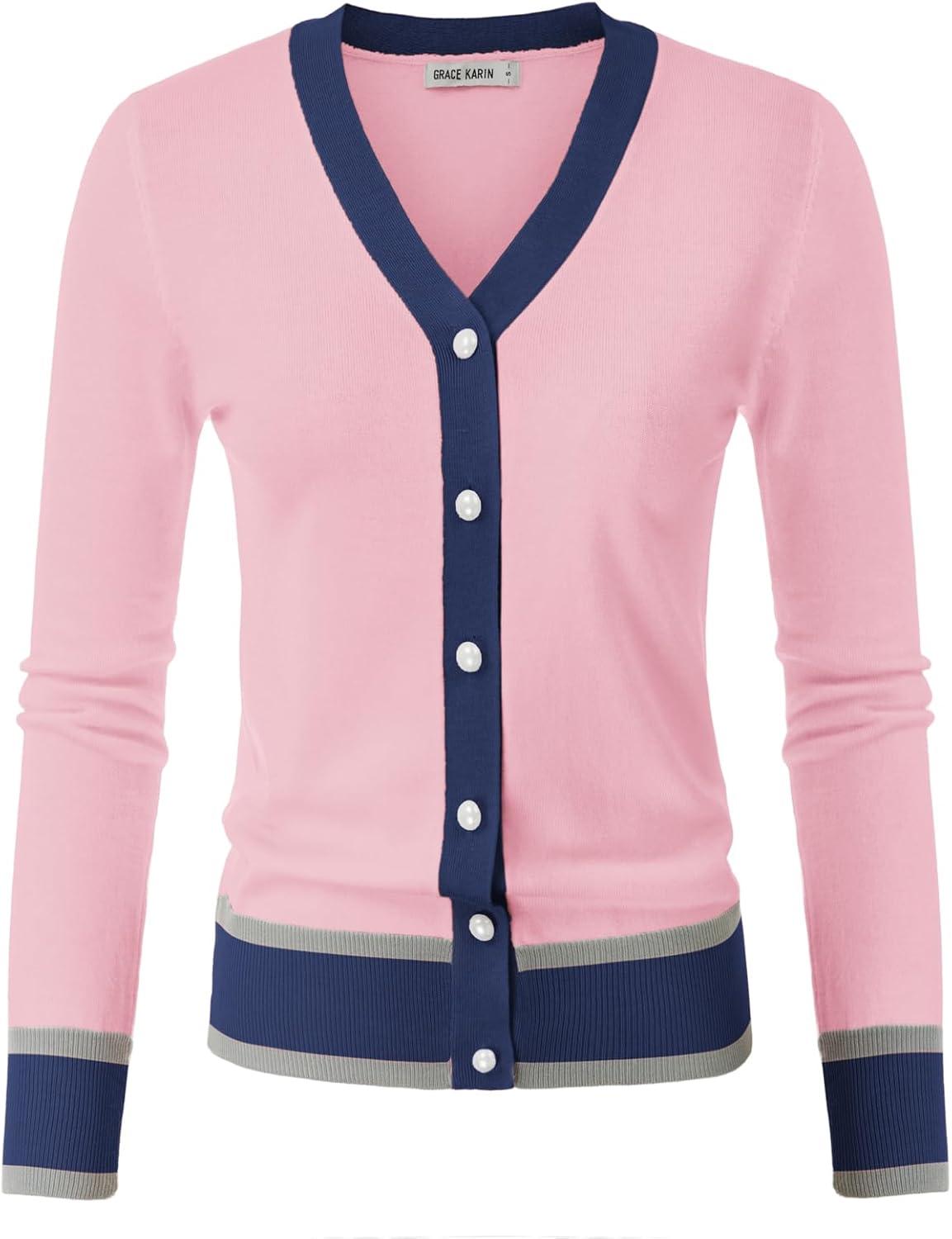 imageGRACE KARIN Cardigan Sweaters for Women Lightweight Long Sleeve Cropped Cardigan Spring Summer Fashion Clothing Outfits ShrugPink Navy