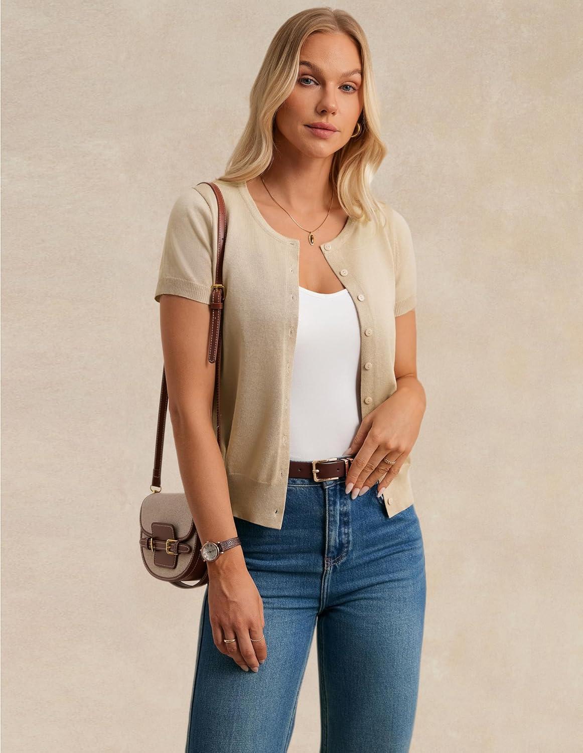 imageGRACE KARIN Short Sleeve Cardigan Summer Button up Sweaters for Women Lightweight Crew Neck Casual OutfitsLight Apricot