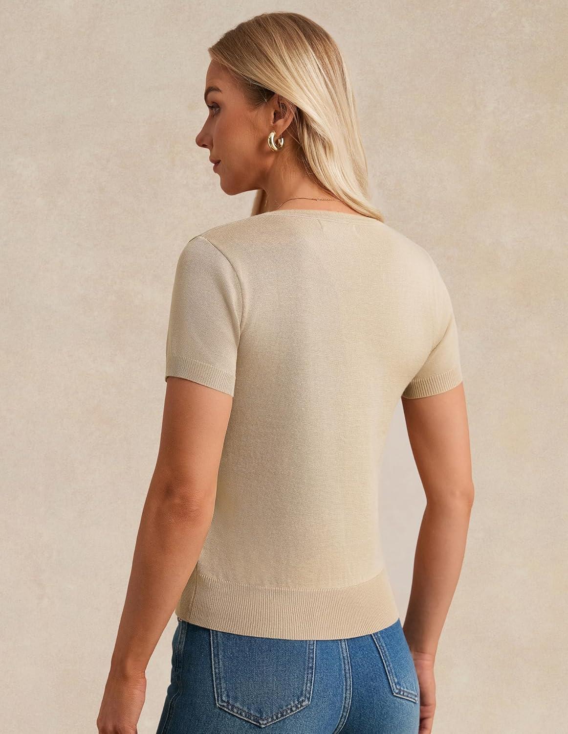 imageGRACE KARIN Short Sleeve Cardigan Summer Button up Sweaters for Women Lightweight Crew Neck Casual OutfitsLight Apricot