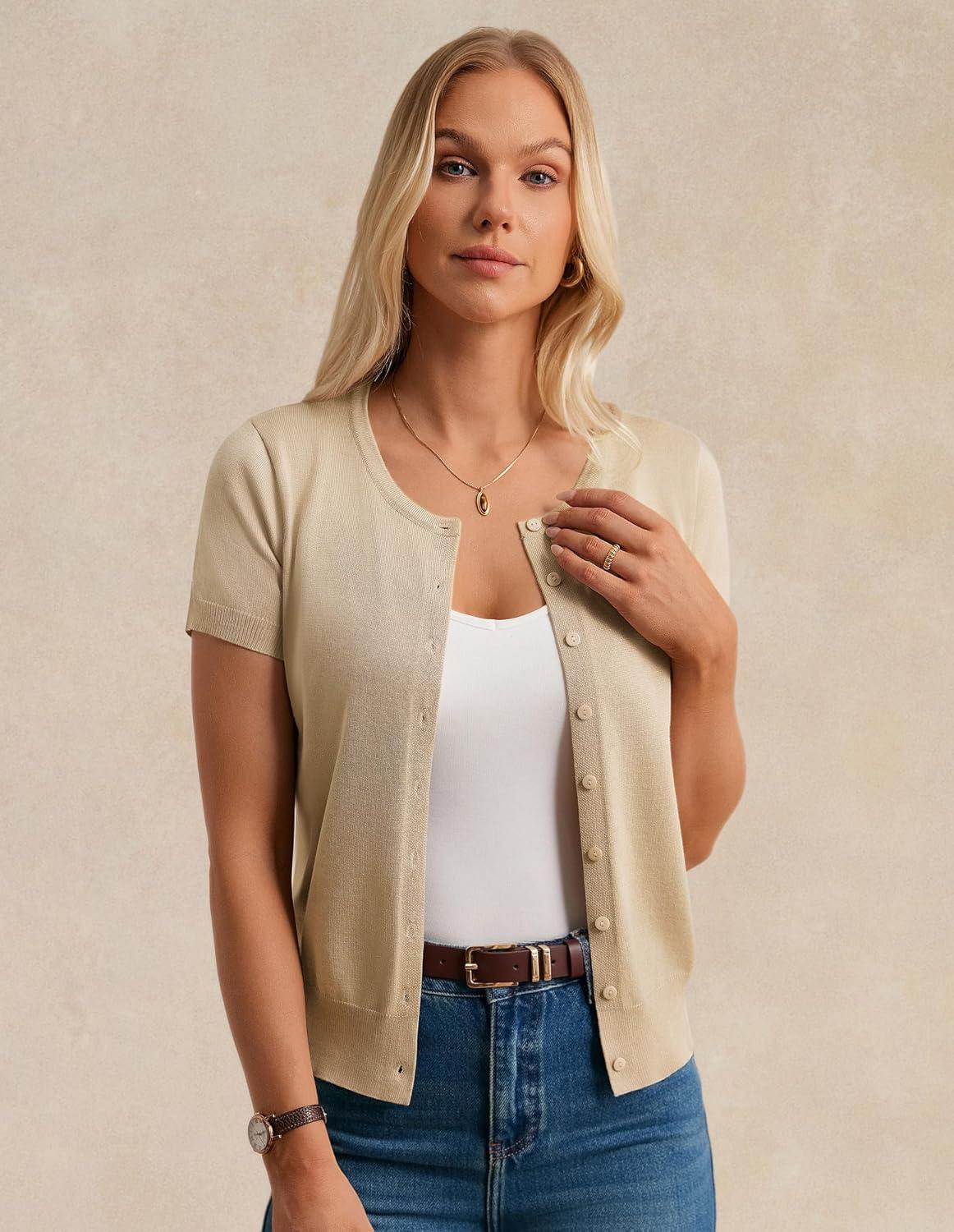 imageGRACE KARIN Short Sleeve Cardigan Summer Button up Sweaters for Women Lightweight Crew Neck Casual OutfitsLight Apricot