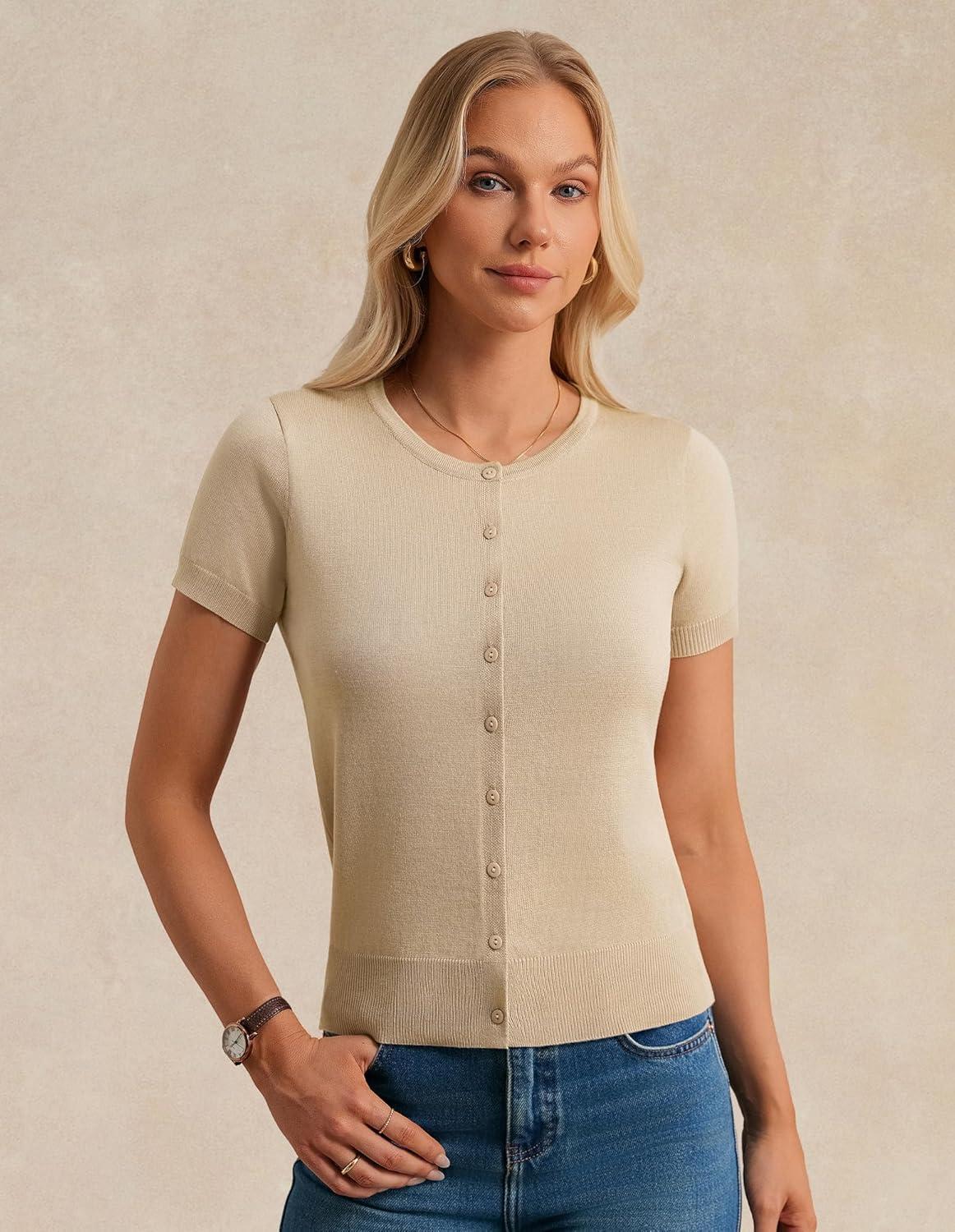 imageGRACE KARIN Short Sleeve Cardigan Summer Button up Sweaters for Women Lightweight Crew Neck Casual OutfitsLight Apricot