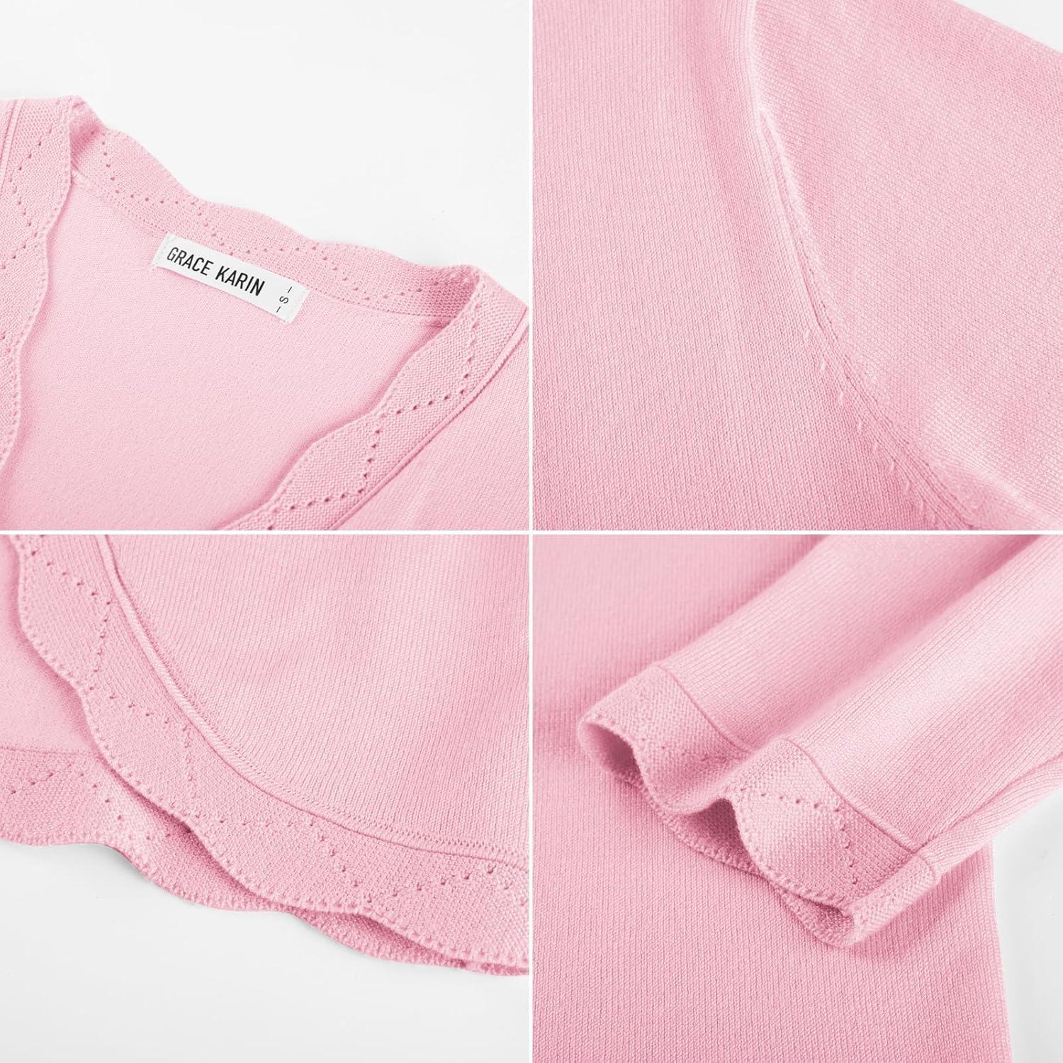 imageGRACE KARIN Women Lightweight Summer Cardigans 34 Sleeve Cropped Cardigan Sweaters Open Front Bolero ShrugPink
